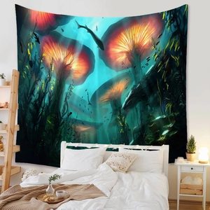 Detailed view of bohemian mushroom tapestry with glowing jellyfish in a cozy bedroom setting
