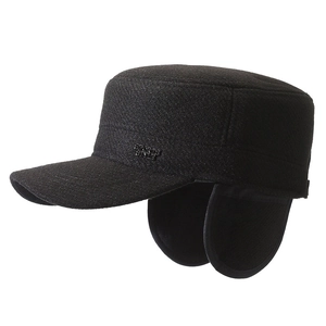 Winter men's flat top army cap in black wool blend with ear flaps and sports logo