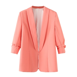 Casual roze damesblazer met geplooide mouwen en een open voorkant ontwerp