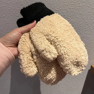 Winter warm cream fleece mittens for men with black ribbed cuffs and teddy wool texture