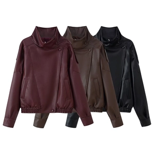 Women's faux leather jacket with stand collar in burgundy, coffee, and black colors