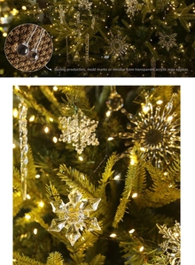 Detail of transparent acrylic snowflake and icicle ornaments on a Christmas tree