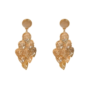 Elegant gold-tone leaf tassel earrings with cat-eye stone, dangle hollow design