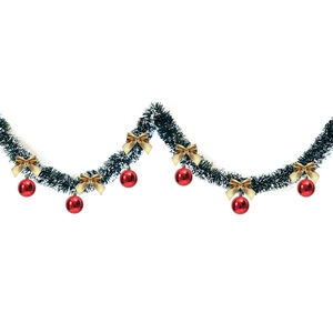 2M Christmas garland with green tinsel, red ornaments and gold bows for tree decoration