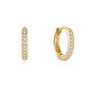 Close-up of gold S925 silver hoop earrings with white zircon inlay and hallmark