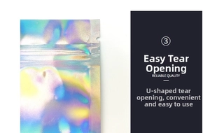 Detail of holographic jewelry bag with U-shaped easy-tear notch and resealable seal