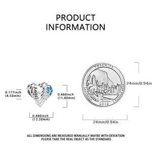 Detailed size specifications of silver angel heart charm with blue and white zircons