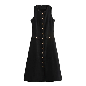 Abito Lungo In Tweed Senza Maniche Girocollo Monopetto Bottoni Dorati Elegante Stile Francese Vestito Per Donna