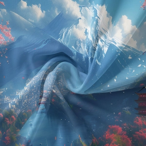 Close-up of Japanese tapestry fabric with Mount Fuji, cherry blossoms, and pagoda detail