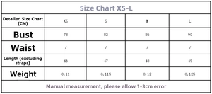 Size chart table showing XS-L measurements for the draped strap top camisole garment