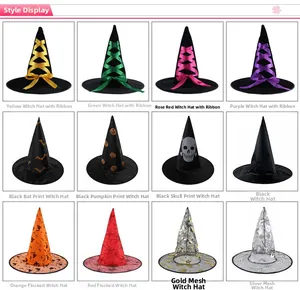 Grid display of 12 distinct Halloween witch hats featuring varied patterns and lace details