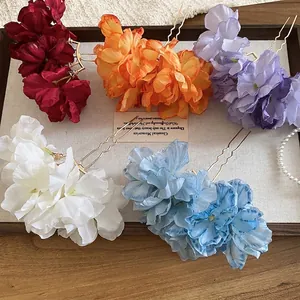 Elegant set of 5 colorful fabric flower hairpins with golden metal U-shaped pins