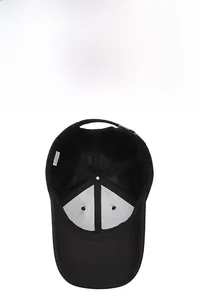 Detail view of the black cotton baseball cap interior with breathable six-panel structure