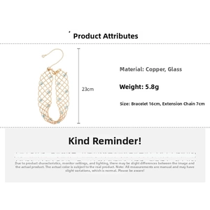 Detailed specs of gold mesh bracelet with blue glass beads including 23cm length and 5.8g weight