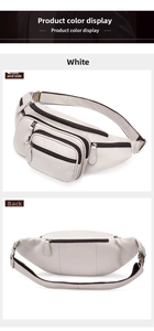 Front and back views of a white leather waist bag featuring pebbled texture and zippers