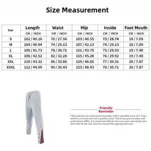 Tabella taglie dettagliata per pantaloni casual da uomo con misure in CM e pollici
