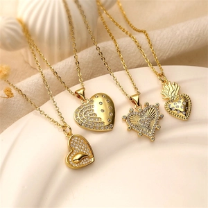 Heart Pendant Necklace Gold Plated Copper With Zirconia Elegant Sparkly Sacred Heart Jewelry For Women Girls Novelty