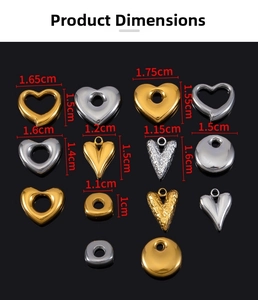 Detailed dimension chart showing sizes for heart-shaped and round stainless steel pendants