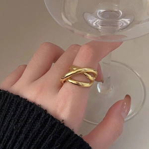 925 Sterling Silver crossover woven ring with layered gold finish and open band design