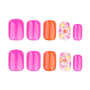 Short square press-on nails with warm tones and colorful floral patterns set of 10