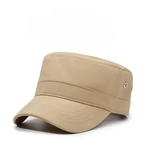 Detail of khaki cadet cap showing metallic side eyelets and reinforced stitching