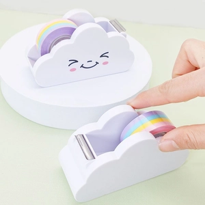 Cloud-shaped rainbow tape dispenser and white cutter for desktop stationery storage