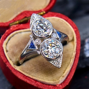 Vintage Toi Et Moi Ring Geometric Copper White And Blue Cubic Zirconia Jewelry For Women Anniversary Gift