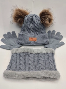 Detailed knit texture of 3-piece winter set with beanie, scarf and gloves in grey color