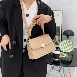 Khaki quilted crossbody bag with heart buckle and ruched handle for women