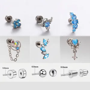 Blue Zircon Opal Cartilage Stud Earrings Titanium Steel Screw Flat Back Piercing Jewelry Heart Wing Star For Women