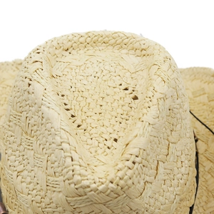 Macro shot of hand-woven paper straw texture and crown detail on Western cowboy hat