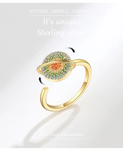 Détail d'une bague planétaire rotative en argent S925 avec zircons colorés dégradés