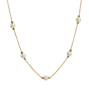 Elegant gold titanium choker featuring five round white pearls and cubic metal beads