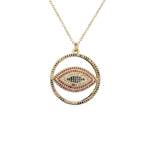 Collier doré avec pendentif œil maléfique rond serti de zircons colorés micro-pavés