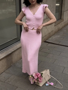 Women Ribbed Knit V Neck Button Short Sleeve Top And High Waist Slim Long Skirt Elegant Casual Streetwear