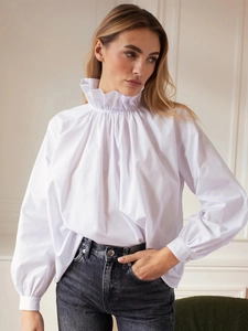 Elegant white ruffle high neck long sleeve blouse with pleated details and lantern sleeves