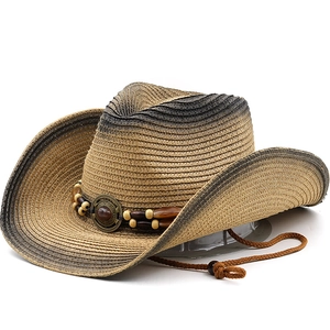 Western Cowboy Hat Paper Straw Braided Wide Brim Gradient Sun Protection Adjustable Wind Rope Beaded Vintage For Men Women