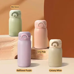 Mini stainless steel vacuum insulated flasks in four pastel colors with portable handle lid
