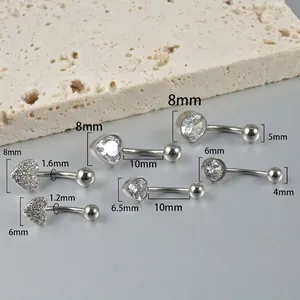 Stainless steel belly button ring with heart-shaped white zircon piercing jewelry