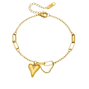 Gold heart pendant bracelet with asymmetric paperclip chain in stainless steel finish