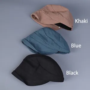 Japanese short-brim cotton sun hats in khaki, blue, and black with pleated design