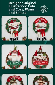Detail of Christmas rattan wreaths featuring plush Santa and Snowman holiday decorations