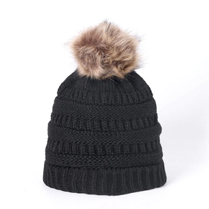 Adult Winter Warm Knit Beanie Hat With Faux Fur Pom-Pom Fleece Lined Thick Ribbed Cuff Thermal Solid Color Outdoor Skull Cap