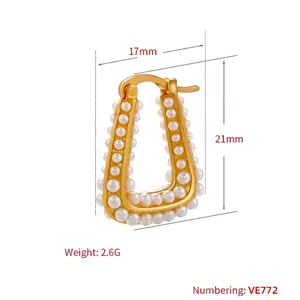 18K gold plated U-shaped trapezoid earrings with white pearls for women 17x21mm
