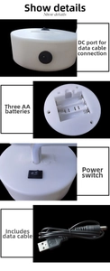 Dual power LED base detail showing battery compartment, DC port, and USB charging cable
