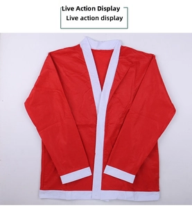 Detailed top view of red non-woven Christmas top with white plush trim and flat collar