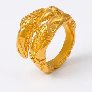 Vintage Double Head Snake Ring Stainless Steel 18K Gold Plated Dragon Scale Texture Open Adjustable Jewelry