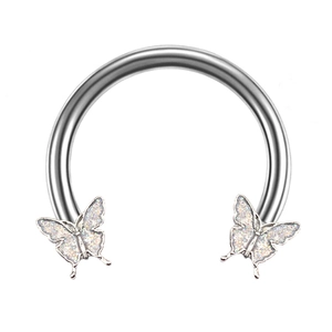 Silver horseshoe ring with iridescent butterfly accents for ear and nose piercings