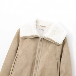 Veste en daim camel pour femme avec col en peau de mouton blanche et fermeture éclair