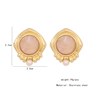 Detail view of retro stainless steel earrings with pink marble ring and pearl drop